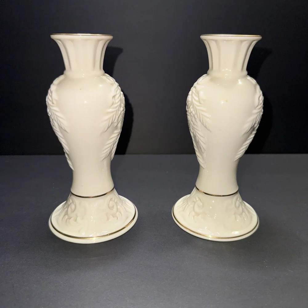 Lenox Eternal Candlesticks Pair Ivory Porcelain Gold Trim Floral USA Vintage Set